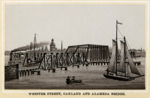 Webster Street Bridge, between Oakland and Alameda, old engraving circa 1880s   